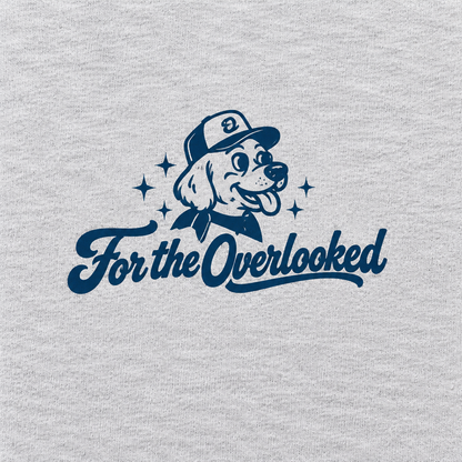 Close-up of the navy dog and For the Overlooked chest logo on the light gray Overlooked Club T-shirt